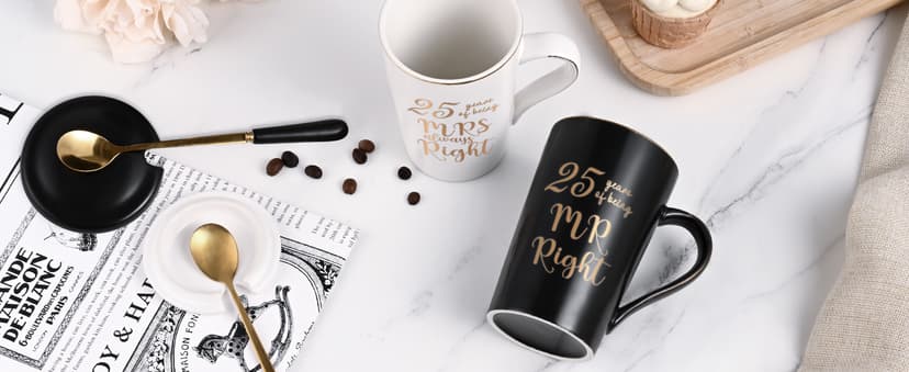 YHRJWN 25th Anniversary Presents, 25th Wedding Anniversary Presents for Couple Parents, 25th Mr Right Mrs Always Right Coffee Mugs, His and Hers Gifts, 14 Oz with Lids, Spoons and Gift Box