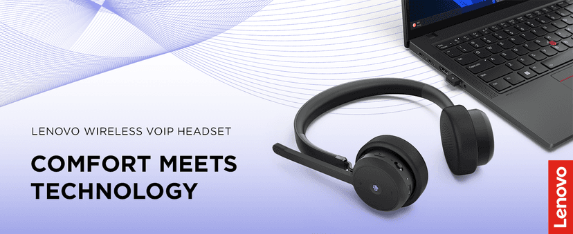 Lenovo Wireless VoIP Headset Teams Certified, Noise-Canceling Mic, Bluetooth 5.3 Multipoint, USB-A Receiver, 31-Hour Talk & 60-Hour Playback, Lightweight Over-Ear Design, Replaceable Earcups