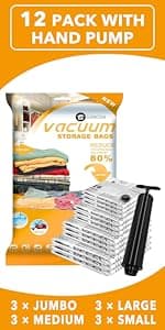 24 Pack Vacuum Storage Bags with Electric Pump, (5 Jumbo, 5 Large, 5 Medium, 5 Small, 4 Roll Up Bags) Space Saver Bag for Clothes, Mattress, Blanket, Duvets, Pillows, Comforters,Travel