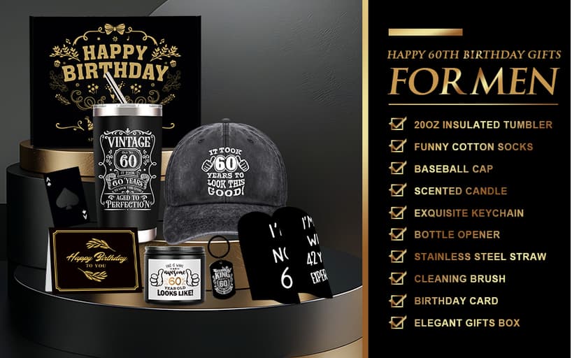60th Birthday Gifts for Men - Unique Box with 20 Oz Tumbler, Scented Candle, Socks, Baseball Cap for Husband, Dad, Grandpa, Friends, Teachers, Boss