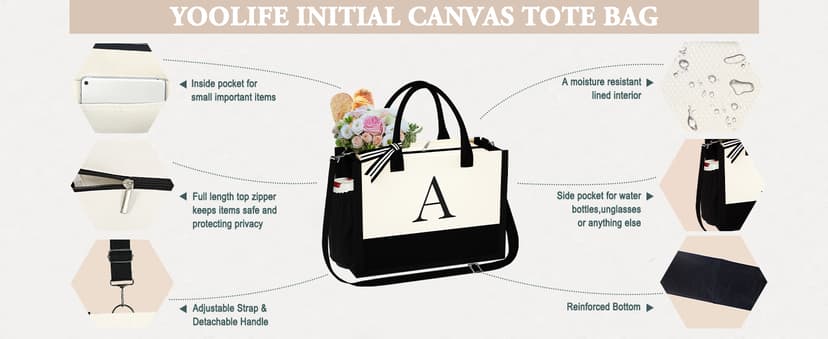 YOOLIFE Gifts for Women - Initial Tote Bag & Makeup Bag, Birthday Gifts for Women Mom Wife Teacher Friend