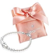 Baby Crystals Pearl Bracelets for Girls, Sterling Silver Cross Charm, Baptism Gifts for Girl, Baby Bracelet with Simulated White Pearls and Crystals, Girls Jewelry Birthday Gift