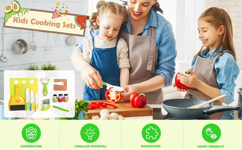 14PC Montessori Toy Safe Kitchen Knife Set for Toddler, Kids Knife Set for Real Cooking with Cutting Board, Gift for 3-12 Year Old Girl Boy Bithday Chistmas, Little Chef Cooking Tool for Kid Age 3-12