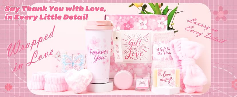 Birthday Gifts for Women - Cherry Blossom Spa Gift Box with Tumbler, Self Care Package for Mom Wife Sister Friend Grandma, Thank You Relaxation Basket for Mother’s Day Valentine’s Day Christmas (Pink)