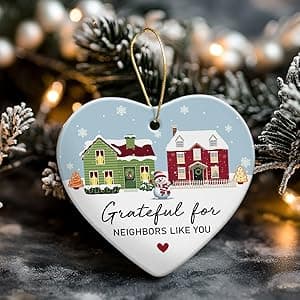 Neighbor Gifts Christmas Ornaments 2025 - Birthday Gifts for Neighbors, Friends, Women, Men, The Neighbors Favor, Christmas Tree Decorations Heart-Shaped Ceramic Ornament