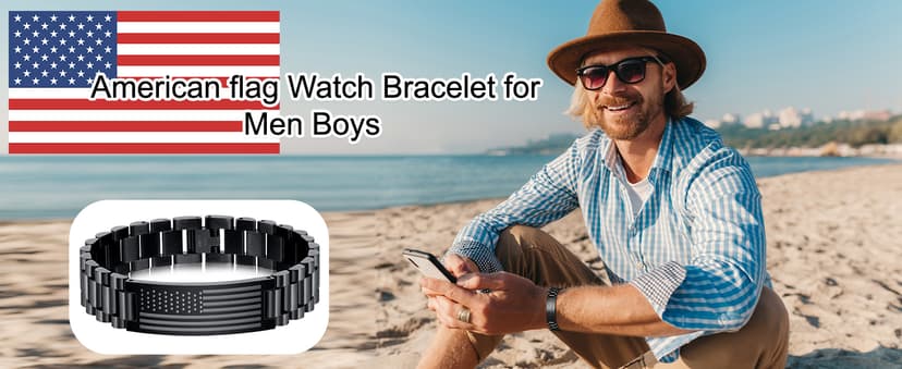 To My Man Boyfriend Husband Son Bracelet Gifts, Stainless Steel American Flag Watch Link Bracelet Valentines Christmas Jewelry Gifts for Men Him