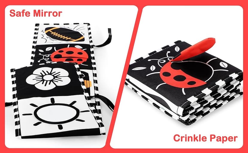 URMYWO Black and White Baby Toys, Tummy Time High Contrast Newborn Toys 0-3 Months, Soft Baby Book, Visual Stimulation Montessori Sensory Infant Toys 0-6-12 Months, Shower Gift for Boys Girls