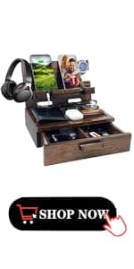 Gifts for Men Women Brother Boss Boyfriend Him Nightstand Organizer Gifts for Dad from Daughter Son Wood Phone Docking Station (Dark Brown)