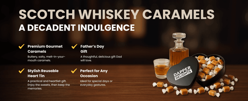 Kiri & Sons Soft Chewy Caramel Whiskey Candy, Premium Gourmet Tin Gift for Father's Day, Black Tin – Salted Caramel