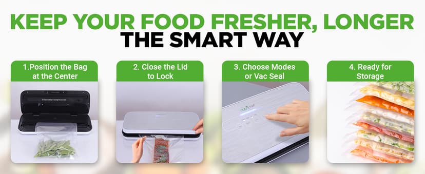 NutriChef Food Vacuum Sealer Machine - Automatic Air Sealing System for Dry & Moist Foods, LED Touch Controls, Includes Vacuum Bags, Hose & Wine Stopper, High Suction Power, 14"x6"x3", Silver