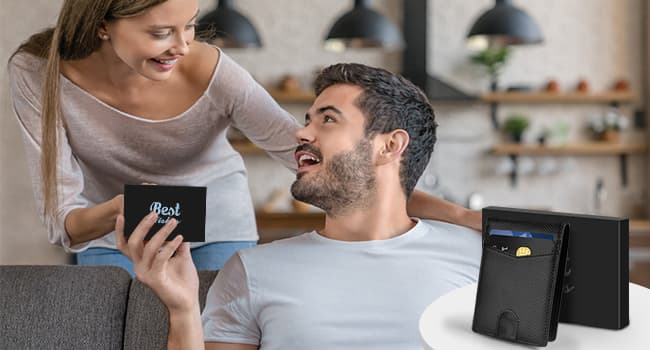 Slim Rfid Leather Wallet for Men: Stocking Stuffers Birthday Gifts for Men Him Boyfriend Husband Grandpa Minimalist Travel Wallet Gifts Ideas for Christmas Anniversary Valentines Fathers Day