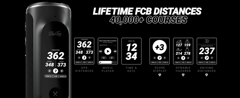 Blue Tees Golf Player+ GPS Speaker with Touch Screen Display, 10+ Hours Battery, 40,000+ Courses, Visual + Audible Distance, Hazard Distance - IPX7 Waterproof (Navy)