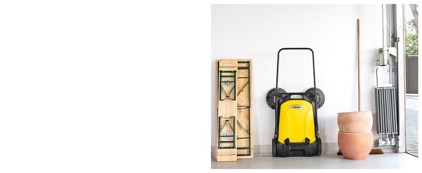 Kärcher Walk Behind Outdoor Push Sweeper S 4 Twin for Workshops, Warehouses or Garages - 5X Faster Than a Push Broom, 5.25 Gallon Capacity, 26.8" Sweeping Width