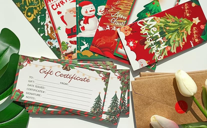 30 Pack Gift Certificates for Business with 30 Kraft Envelopes 30 Stickers for Holiday Christmas Small Business Restaurants Spa Beauty Makeup Hair Salon