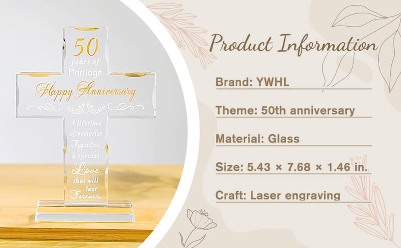 YWHL 50th Wedding Anniversary Religious Cross Gifts for Women Men, 50 Year Anniversary Romantic Gift for Him Her, Laser Engraved Glass Standing Cross Keepsake for Couple, 50 Years of Marriage Present
