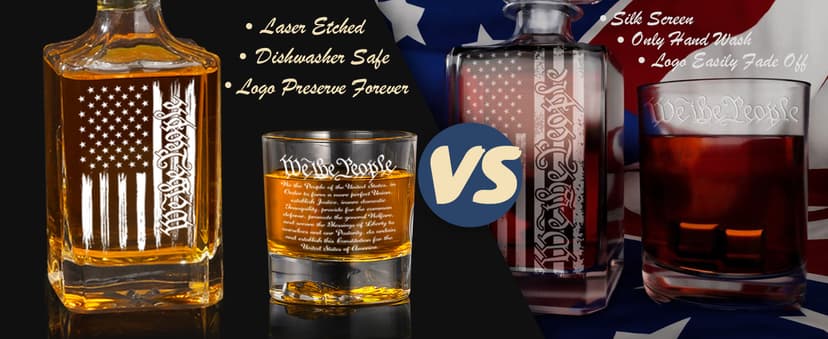 PONPUR Whiskey Decanter Engraved We The People American Flag, 750ml Whiskey Decanter Set with 2 Glasses, Christmas Boss Day Patriotic Birthday Gifts For Men Dad, Liquor Scotch Bourbon Presents
