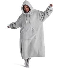 Bedsure Wearable Blanket Hoodie, Long Hooded Blanket Sweatshirt as Birthday Gifts for Women, Cozy Sherpa Hoodie for Adult, Standard, Grey