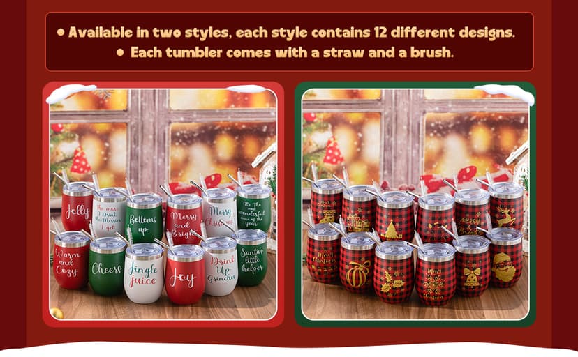 12 Pcs Christmas Wine Tumbler Set, 12 Oz Stainless Steel Double Wall Vacuum Insulated Coffee Mug Stemless Xmas Wine Glasses With Lid Straw Brushes for Women Friends Men Travel Gifts (Texts)