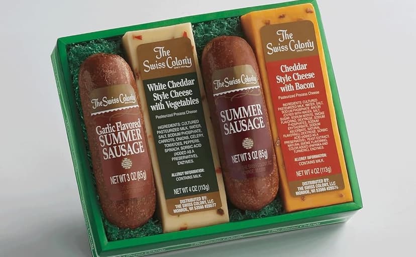 The Swiss Colony Cheese & Sausage 4-Pack – Original and Garlic Summer Sausages with Bacon, and Vegetable Cheese, Charcuterie Gift Basket for Holiday, Thank You Gifts, Adults, Women, Men, 14 oz.