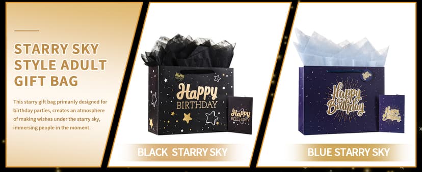 Black Birthday Gift Bag with Tissue Paper and Greeting Card, 13'x10.2'x4.9', Medium (1-Piece Set, Black Starry Sky, Unisex, Includes Card, Ribbon, Crinkle Paper)