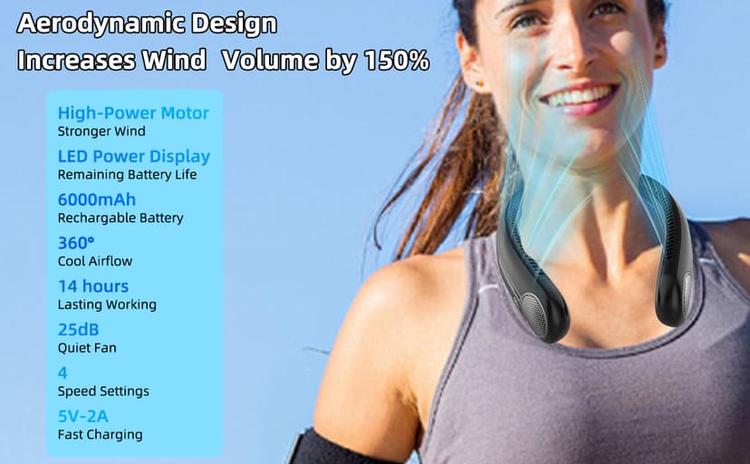 Portable Neck Fan,Gift Ideas,Personal Wearable Bladeless Fan,360° Cooling,LED Display,4-Speeds,6000mAh Rechargeable,Powerful Wind,Outdoor Travel Camping,Birthday Gifts for Men Women Dad Mom (Black)