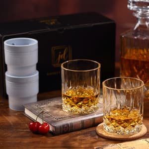 Whiskey Rocks Glass Set In Gift Box - Includes 2 Crystal Bourbon Glasses and 2 Big Ice Ball Molds - 10 Oz Old Fashioned Glasses for Scotch, Cocktails, Rum, Cognac, Vodka - Unique Gift for Men