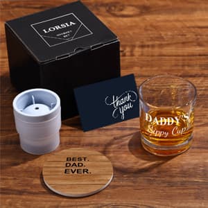 Daddy's Sippy Cup Whiskey Glass Set In Gift Box, Funny unique Gifts for New Dad, Father, Papa, Husband, Father's Day Gifts From Wife - 10 Oz Old Fashioned Glass & Ice Ball Mold & Coaster & Gift Card