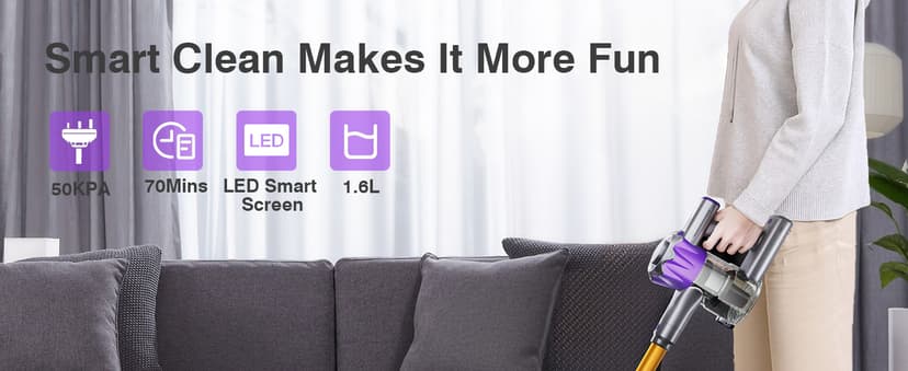 Cordless Vacuum Cleaner, 580W 50Kpa Powerful Stick Vacuum, Up to 70Mins Rechargeable Battery, Vacuum Cleaners for Home Anti-Tangled Lightweight Handheld for Hardwood Floor, Carpets, Pet Hair