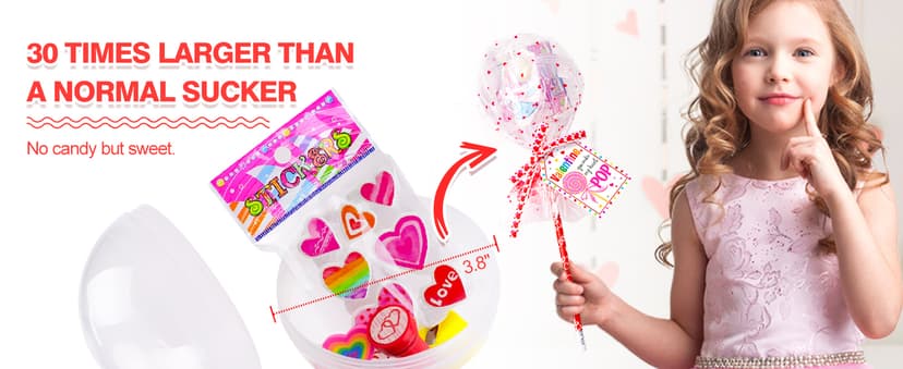 Valentines Day Gifts for Kids - 24 Pack Giant Lollipop-Shaped Stationery Set with Valentine's Cards Pencils Stickers Erasers Stampers Sharpener for Classroom Exchange School Boys Girls Party Favors