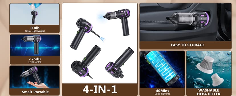 22000PA High Power Cordless Handheld Vacuum & Car Vacuum Cleaner, 4-in-1 Air Duster & Inflator with Brushless Motor, USB-C Charging, LED Light, for Home, Car, Pet, Black Purple