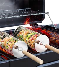 Rolling Grill Basket, Removable Wooden Handle, 304 Stainless Steel, Nesting Smoker Net, BBQ Accessories Tools for Vegetable Shrimp, Outdoor Cooking Camping, Birthday Gifts for Men Dad Husband