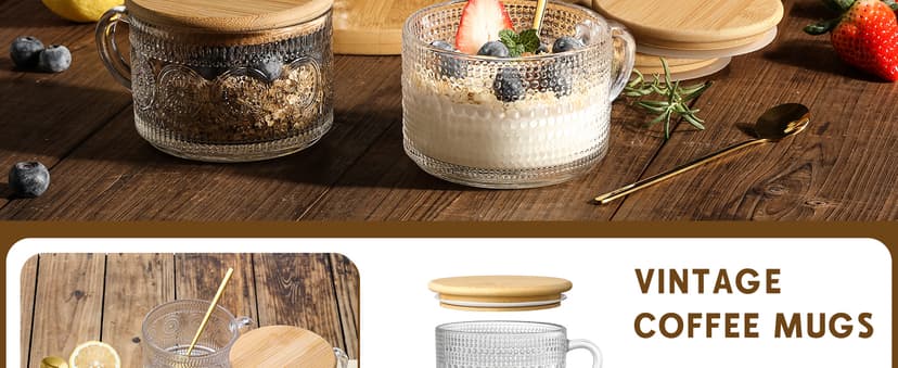 LANDNEOO 4pcs Set Vintage Coffee Mugs gifts for women, Overnight Oats Containers with Bamboo Lids and Spoons - 14oz Clear Embossed Glass Cups, Cute Coffee Bar Accessories, Iced Coffee Glasses