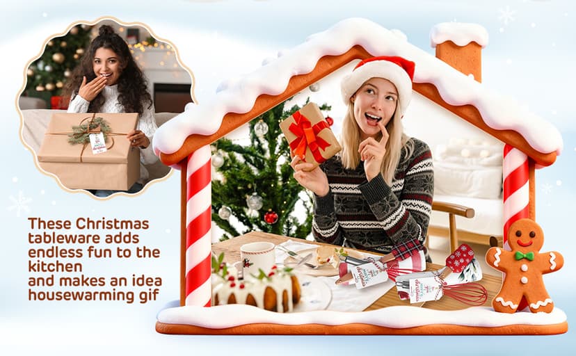 Mimorou 6 Sets Christmas Whisks Kitchen Gifts Stainless Steel Whisks Silicone Spatulas Towels Greeting Cards Rope for Neighbor Employee Baking Gift Xmas Cooking Supplies