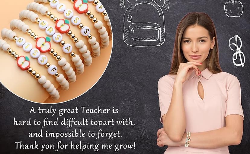 Personalized Teacher Bracelet for Women, 2 Pcs Initial Mrs Miss Ms Teacher Appreciation Gifts With Card From Student Friends, Thank You TEACH Gift for Women