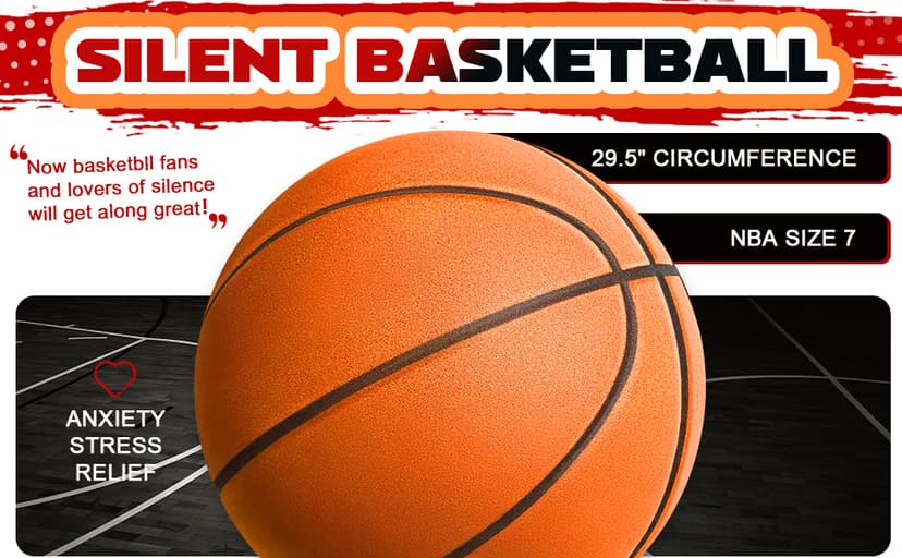 Silent Basketball Size 7 (29.5") – Grooved Airless Indoor Basketball for Quiet Dribbling and Indoor Training, Pro PU Foam Ball – Real Feel Higher Bounce Quieter