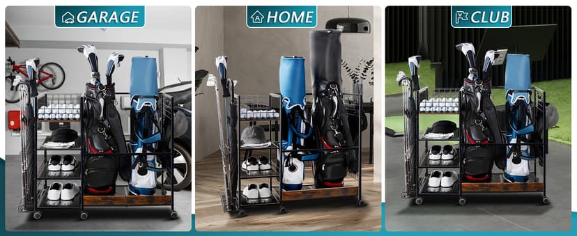 Golf Bag Organizer for Garage, Golf Accessories for Men Women, Golf Bag Stand, Golf Storage Organizer with 2 Hooks, Storage Rack for 2 Golf Bags, Sports Equipment Organize, Golf Club Holder