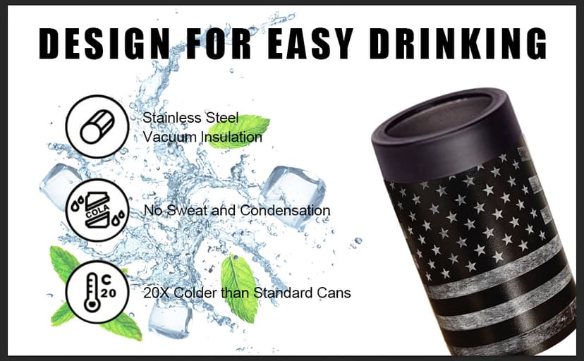 Stepstall Can Cooler Beer Bottle Holder with Beer Opener, 4-in-1 Design Slim Can Beer Bottle Insulators, Double Walled Stainless Steel Insulated, 12 OZ Beer Gifts for Men Father(Black American Flag)