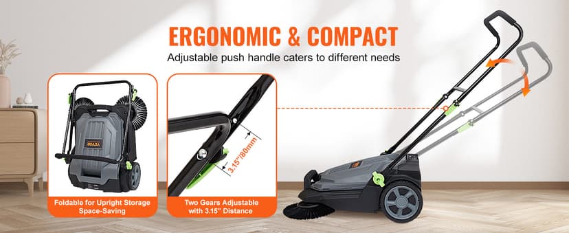 VEVOR Walk-Behind Hand Push Floor Sweeper, 25.6" Sweeping Width Floor Sweeper Manual Non-Electric, 5-Gallon Waste Container, Angle & Height Adjustable Folding Handle for Walkway, Yard, Garage, Patio