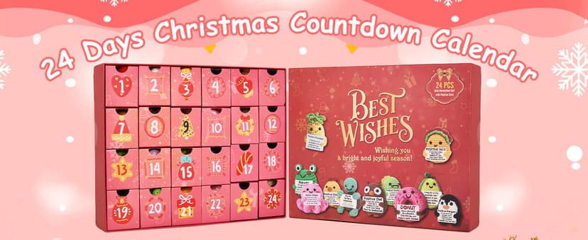 Advent Calendar 2025, 24 Days Positive Crochet Animals Christmas Countdown Calendar for Kids, Teens, Adults, Handmade Emotional Support Crochet Toys with Positive Card for Birthday, Christmas Gifts