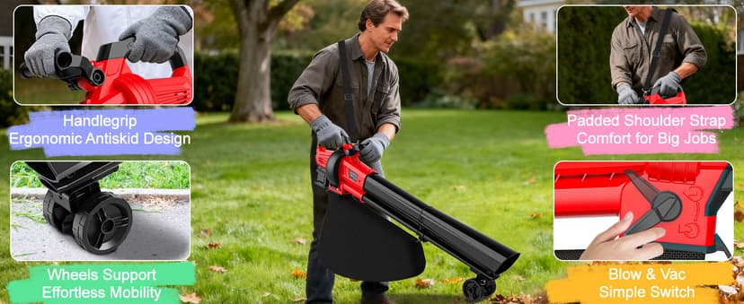 3-in-1 Electric Leaf Blower with Vacuum & Mulcher Compatible for Milwaukee 18V Battery, Leaf Vacuum Cordless with Bag 40L, Leaf Mulcher Cordless Leaf Blowers for Lawn Care, Turbo Mode (No Battery)