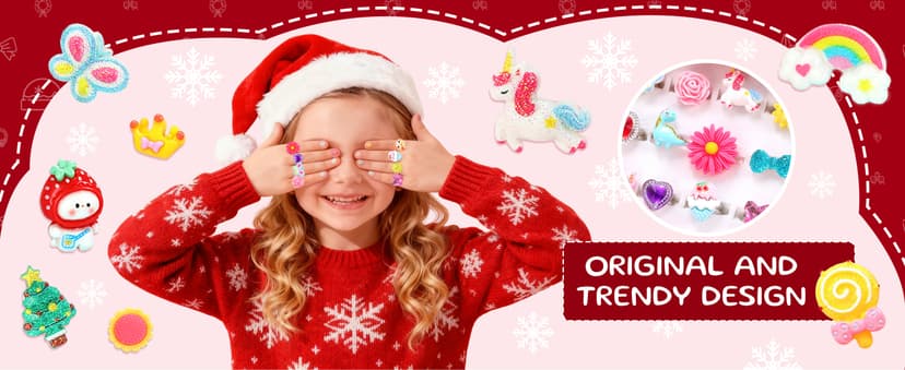 PinkSheep Little Girl Jewel Rings in Box, Adjustable, No Duplication, Girl Pretend Play and Dress Up Rings (24 Lovely Ring)