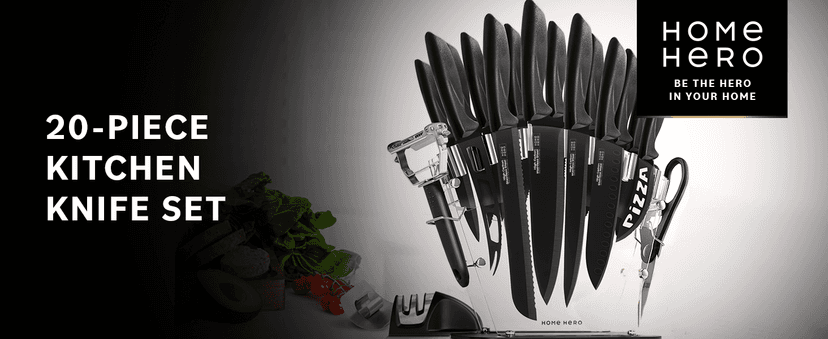 Home Hero Kitchen Knife Set with Sharpener - High Carbon Stainless Steel Knife Block Set with Ergonomic Handles (20 Pcs - Black)