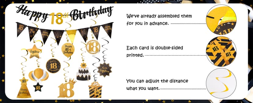 Black & Gold 18th Birthday Banner with 10PCS Swirls - Happy 18th Birthday Decorations for Boys & Girls