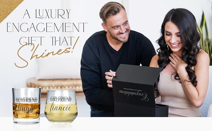 Engagement Gifts for Couples - Unique Fiance Gift for Him or Her! Whiskey Wine Glasses with Diamond Wine Stopper