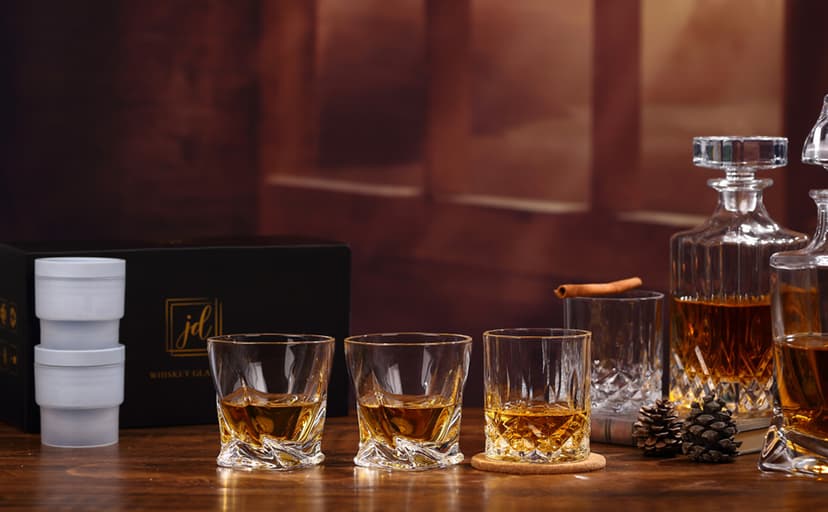 Whiskey Rocks Glass Set In Gift Box - Includes 2 Crystal Bourbon Glasses and 2 Big Ice Ball Molds - 10 Oz Old Fashioned Glasses for Scotch, Cocktails, Rum, Cognac, Vodka - Unique Gift for Men