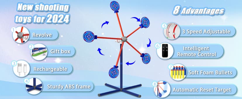 Rocket Shooting Games Toys with Rotating Target 2 Toy Guns 20 Foam Darts Kids Outdoor Toys for Boys Age 5 6 7 8 9 10+ Year Old Carnival Games Compatible with Nerf Guns