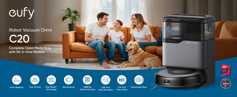 eufy Omni C20 Robot Vacuum and Mop Combo, All-in-One Station, Auto Mop Washing and Auto Drying for Hands-Free Cleaning, 7000 Pa Powerful Suction, Self Emptying, 3.35-Inch