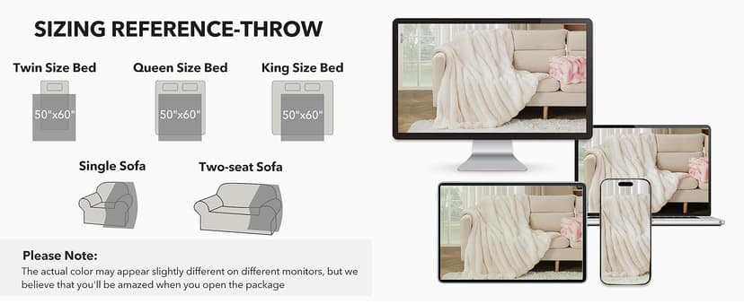 Touchat Luxury Faux Rabbit Fur Throw Blanket for Couch, Super Heavy Warm Cozy Fuzzy Blanket for Sofa Bedroom Living Room, Ultra Soft Fluffy Reversible Plush Blanket for Home Decor Gifts,Cream White