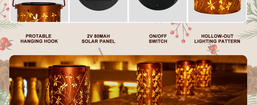 Christmas Gifts For women,Solar Lanterns Outdoor Hanging Lantern Lights, Dragonfly Hollowed-Out Metal Decor Lantern, Waterproof LED Decorative Garden Light - Delicate Garden Decoration for Patio, Yard