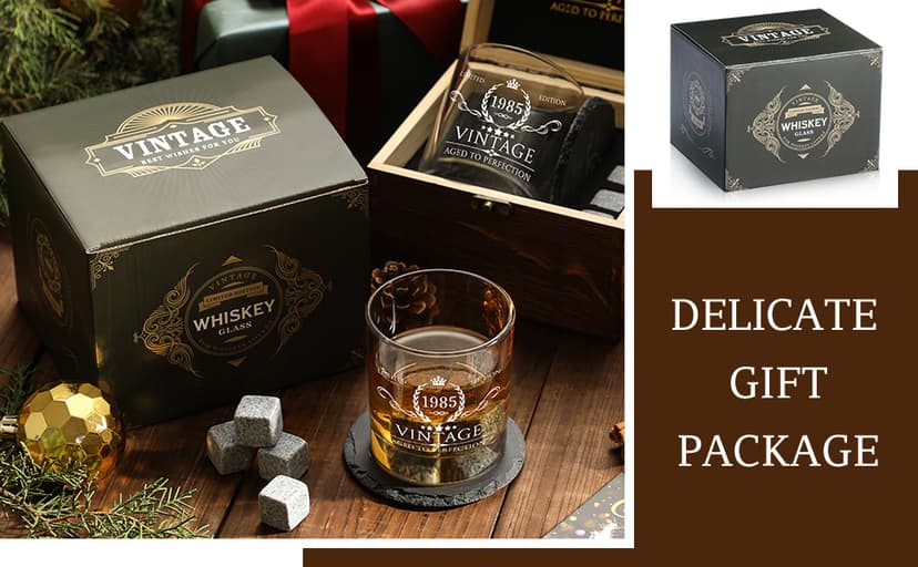 40th Birthday Gifts for Men Whiskey Glass Set - 40th Birthday Decorations, Party Supplies - 40 Year Anniversary, Bday Gifts Ideas for Him, Dad, Husband, Friends - Wood Box & Whiskey Stones & Coaster